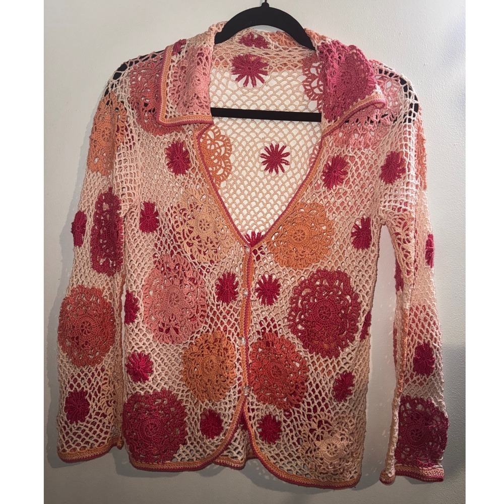 Vtg Y2K  Linen Cotton Crochet Floral Cardigan Pink Orange Mesh L Boho